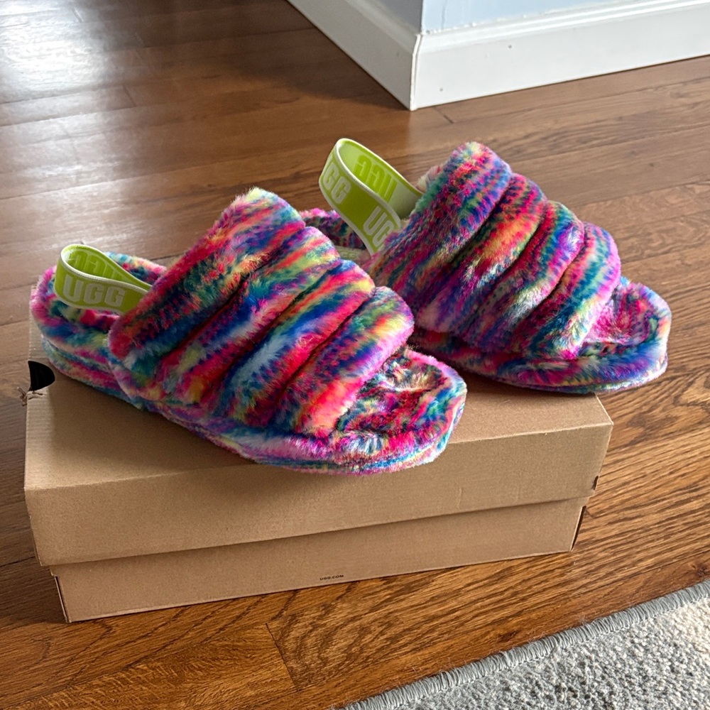 UGG Multicolor Rainbow Fuzzy Slide with Neon Green Heel Strap